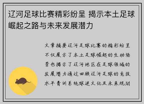 辽河足球比赛精彩纷呈 揭示本土足球崛起之路与未来发展潜力