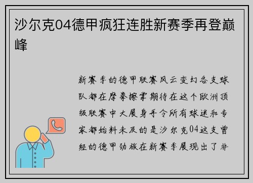 沙尔克04德甲疯狂连胜新赛季再登巅峰