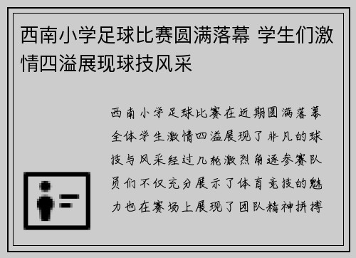 西南小学足球比赛圆满落幕 学生们激情四溢展现球技风采