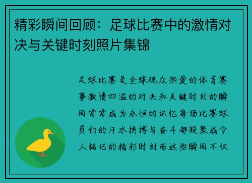 精彩瞬间回顾：足球比赛中的激情对决与关键时刻照片集锦