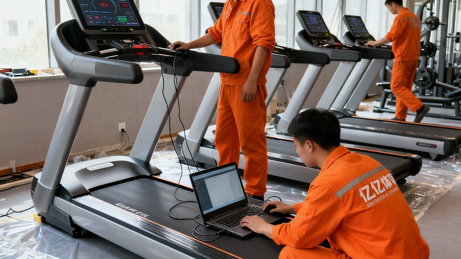 三亿体育安装技师团队在新建健身房内进行设备调试，统一穿着橙色工装，使用笔记本电脑连接智能跑步机进行系统校准，地面铺设保护膜