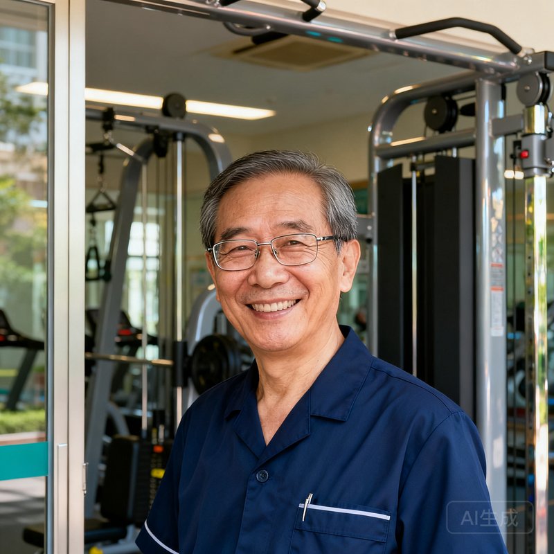 广州天河区龙洞街道办工作人员王主任，50岁男性，戴着眼镜，站在社区健身中心门口微笑，背景是崭新的社区健身器材